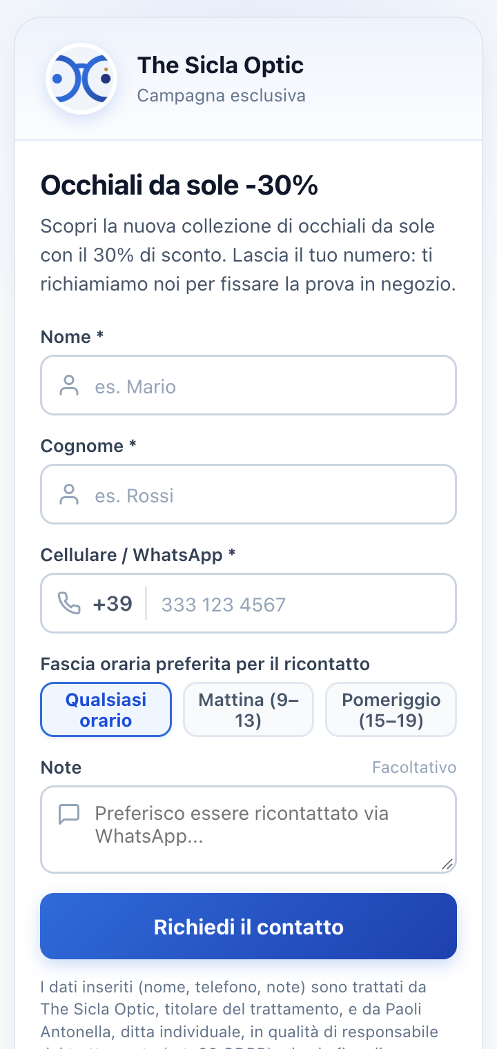 Esempio di landing page di una campagna The Sicla Campaign vista da smartphone, con il modulo per lasciare i propri contatti
